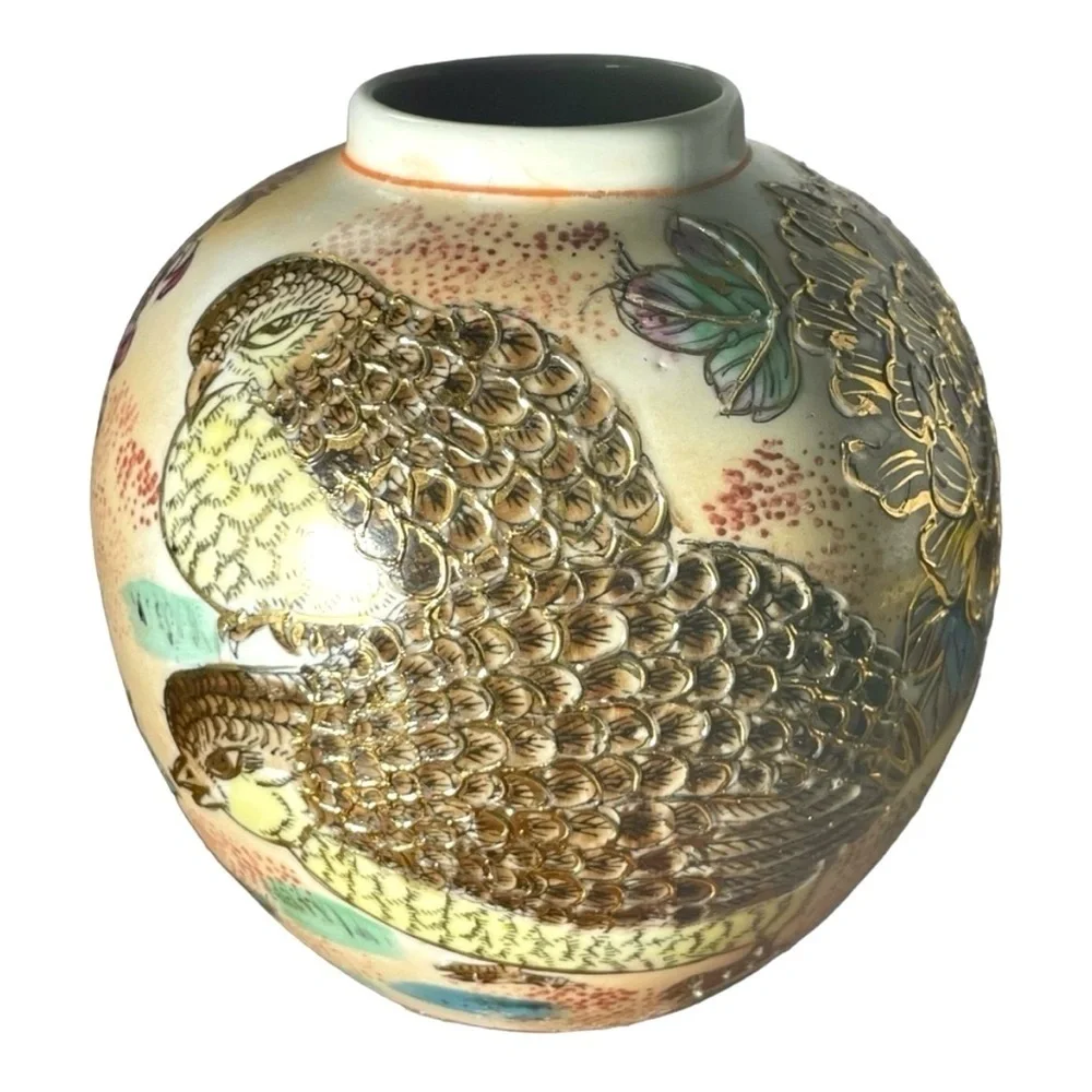 Vintage Chinese Export Partridge Chrysanthemum Hand-Painted Porcelain Vase